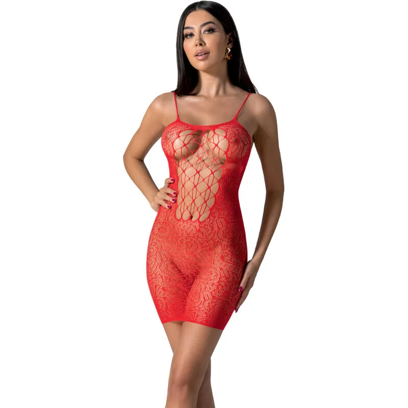 Passion BS096 Genomskinlig Mesh-Bodystocking med Spetsdetaljer – One Size (Röd)