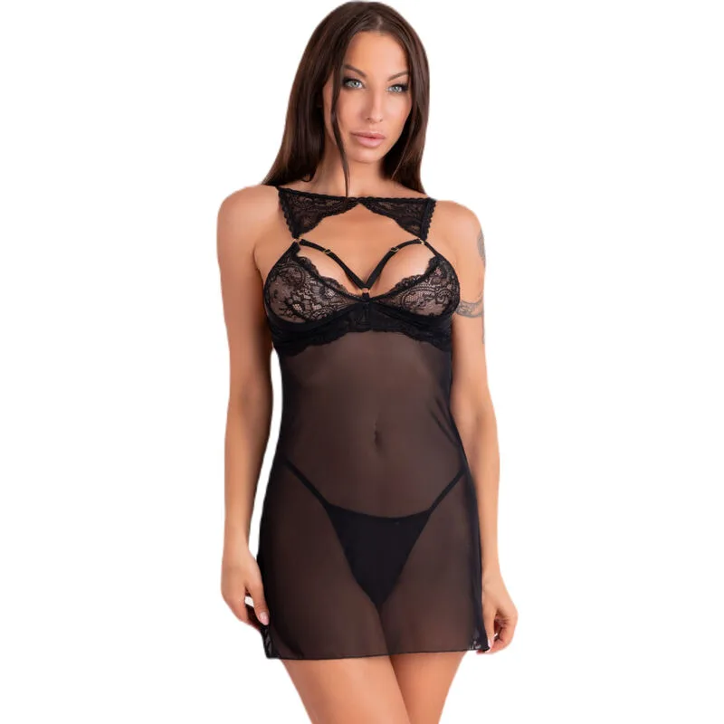 Livco Corsetti Fashion - Krolina LC 90734 Chemise & Thong Set i svart – Storlek S/M