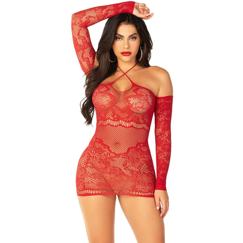 Leg Avenue - Off-Shoulder Long-Sleeve Mesh Mini Dress in Red
