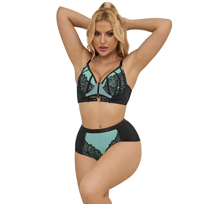 Subblime - 955564 Green Patent Leather & Mesh Zipper Bra Set | Size L/XL