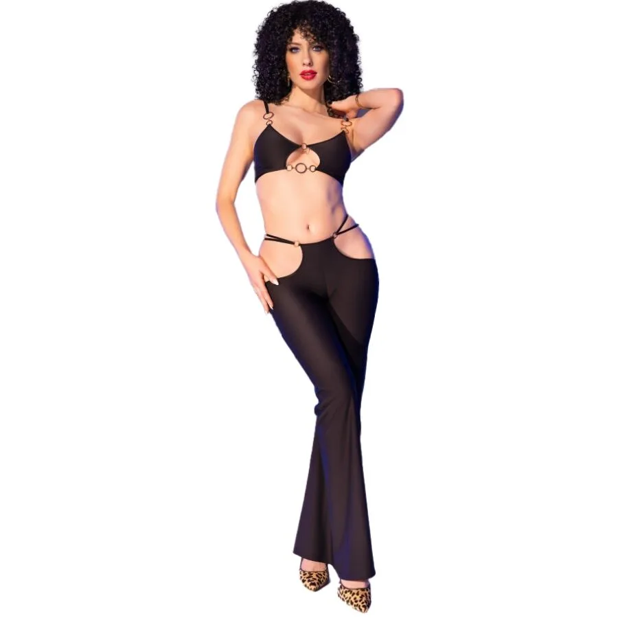 Chilirose CR 4851 Black Lingerie Top and Leggings Set with Gold Accessories – Size S