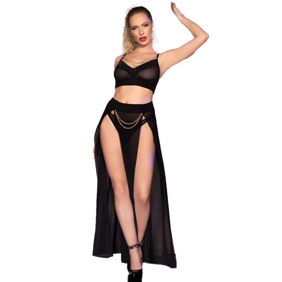 Chilirose CR 4672 Black Top, Skirt & Thong Set with Gold Chain Detailing – XL