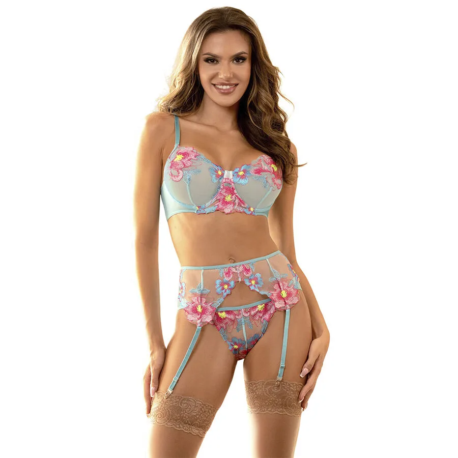 Subblime 957643 Blombroderad BH och Strumpebandsuppsättning – Rosa – Storlek S/M
