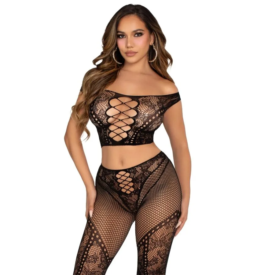 Leg Avenue - Off-the-Shoulder Crop Top och Fisknätsleggings Set | Svart Tvådelad Lingerie Ensemble