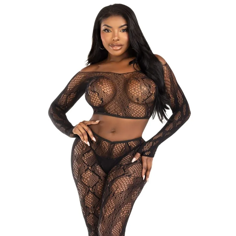 Leg Avenue 89373 Python Print Crop Top & Footless Tights Set – Svart, One Size