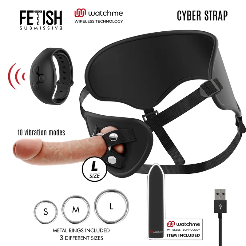 Fetish Submissive Cyber Strap – Remote Control Vibrating Harness with Dildo and Bullet Vibrator, WatchMe L Technology