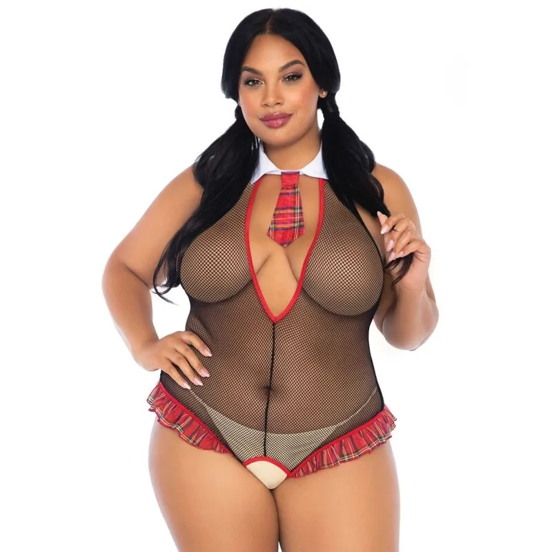 Leg Avenue - Skolflicka Ruffle Fisknät Crotchless Teddy - Plus Size