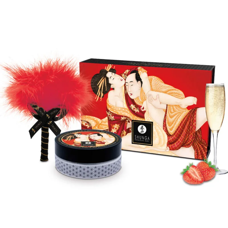 Shunga - Ätbart Massagepuder Kit med Jordgubbsdoft och Fjäderborste