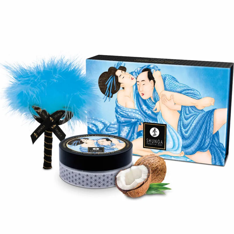 Shunga Ätbart Kokosmassagepulver Kit med Fjäderborste