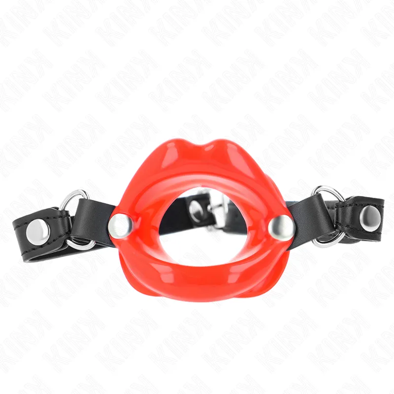 Kink Lip Gag med röd konstläderrem – 8 cm gag, justerbar rem 39–58 cm