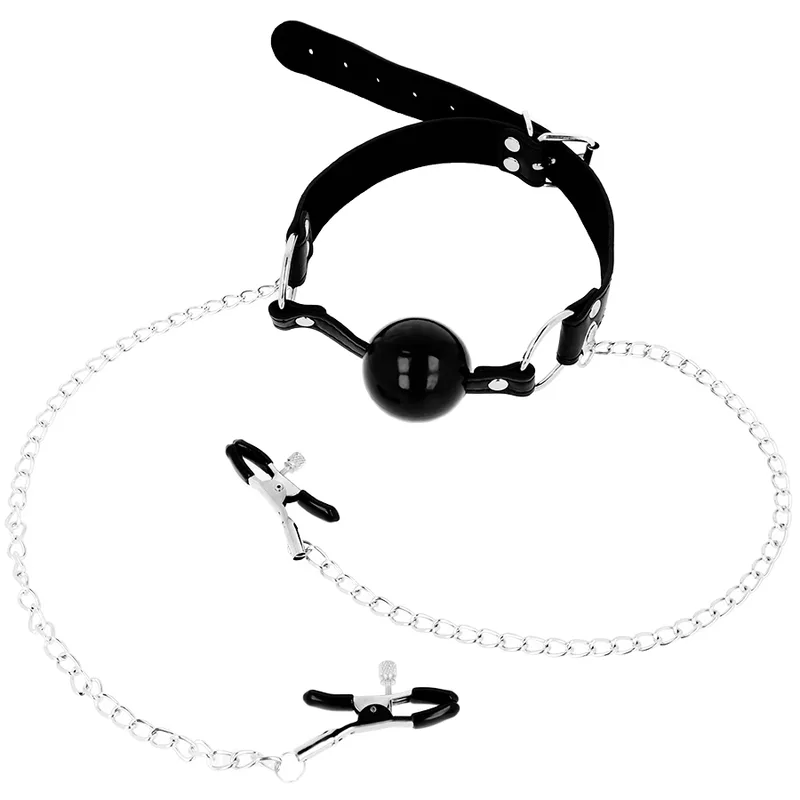 Ohmama Fetish Black Ball Gag with Nipple Clamps – Stainless Steel Chain Set