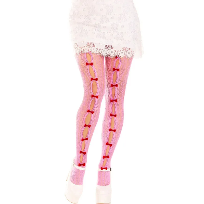 Leg Avenue - Heart & Bow Cutout Fishnet Pantyhose | Kawaii-Inspired Striped Stockings, Pink