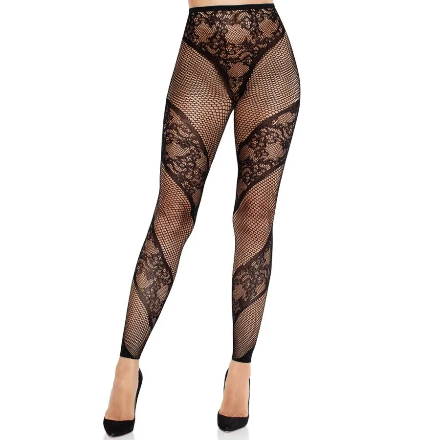 Leg Avenue - Lace and Sheer Footless Tights in Black